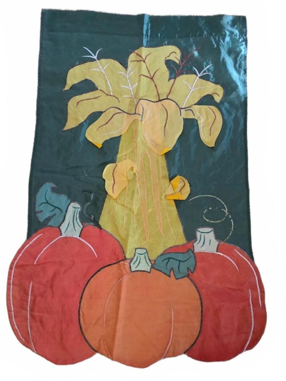 Vintage 90s Fall Pumpkin Cornstalk House Garden Flag 3D Puff Applique 27x44